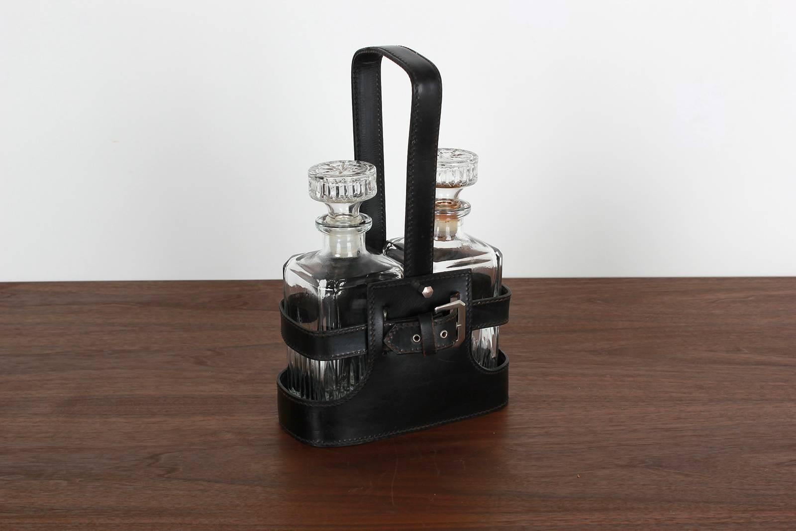 Adnet Style Leather Holder with Decanters 3