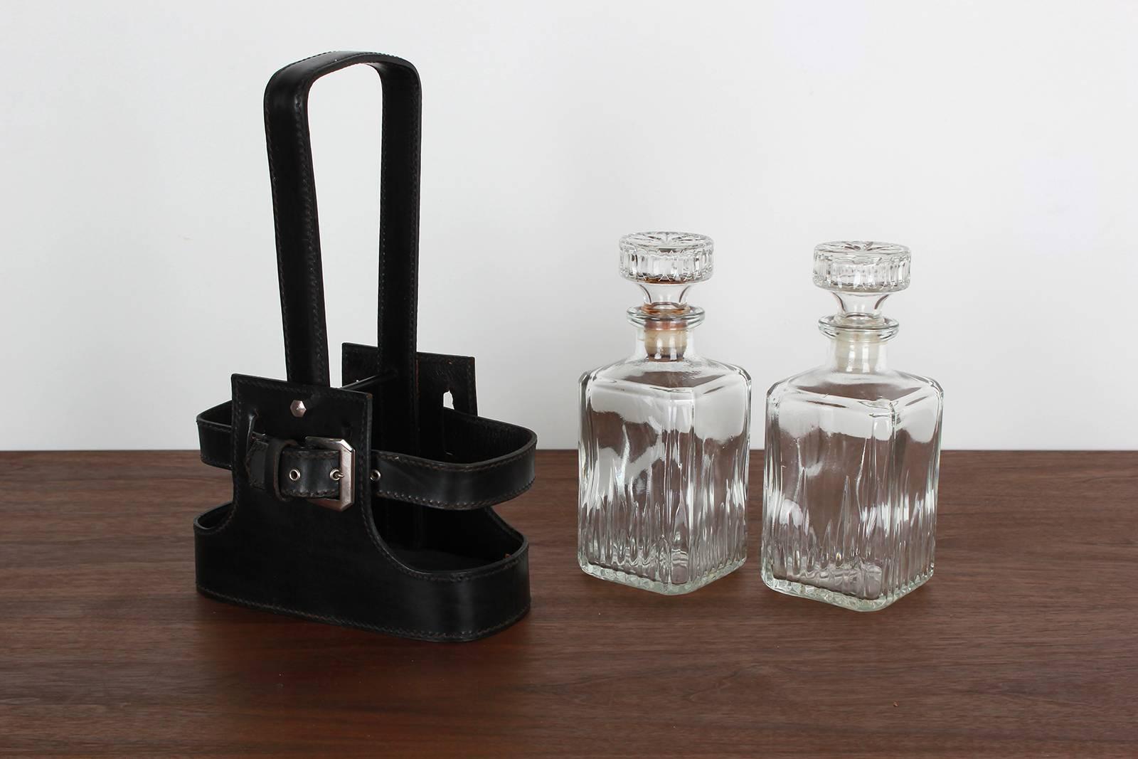 Adnet Style Leather Holder with Decanters 1