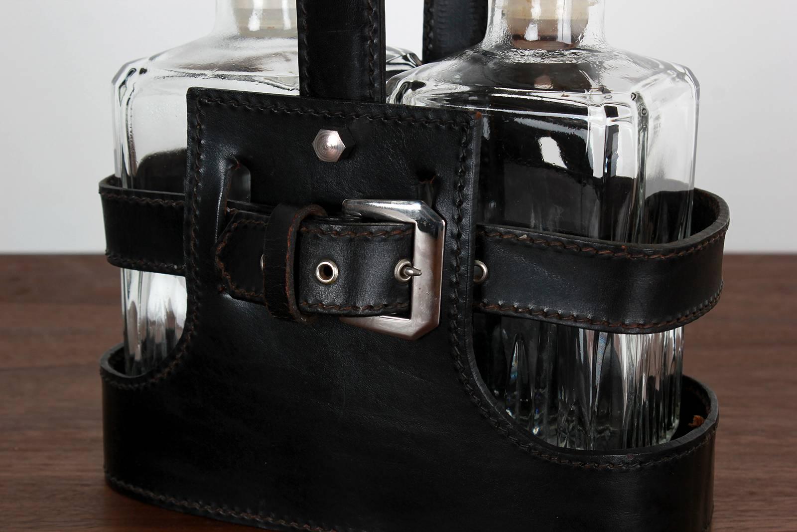 Adnet Style Leather Holder with Decanters 4