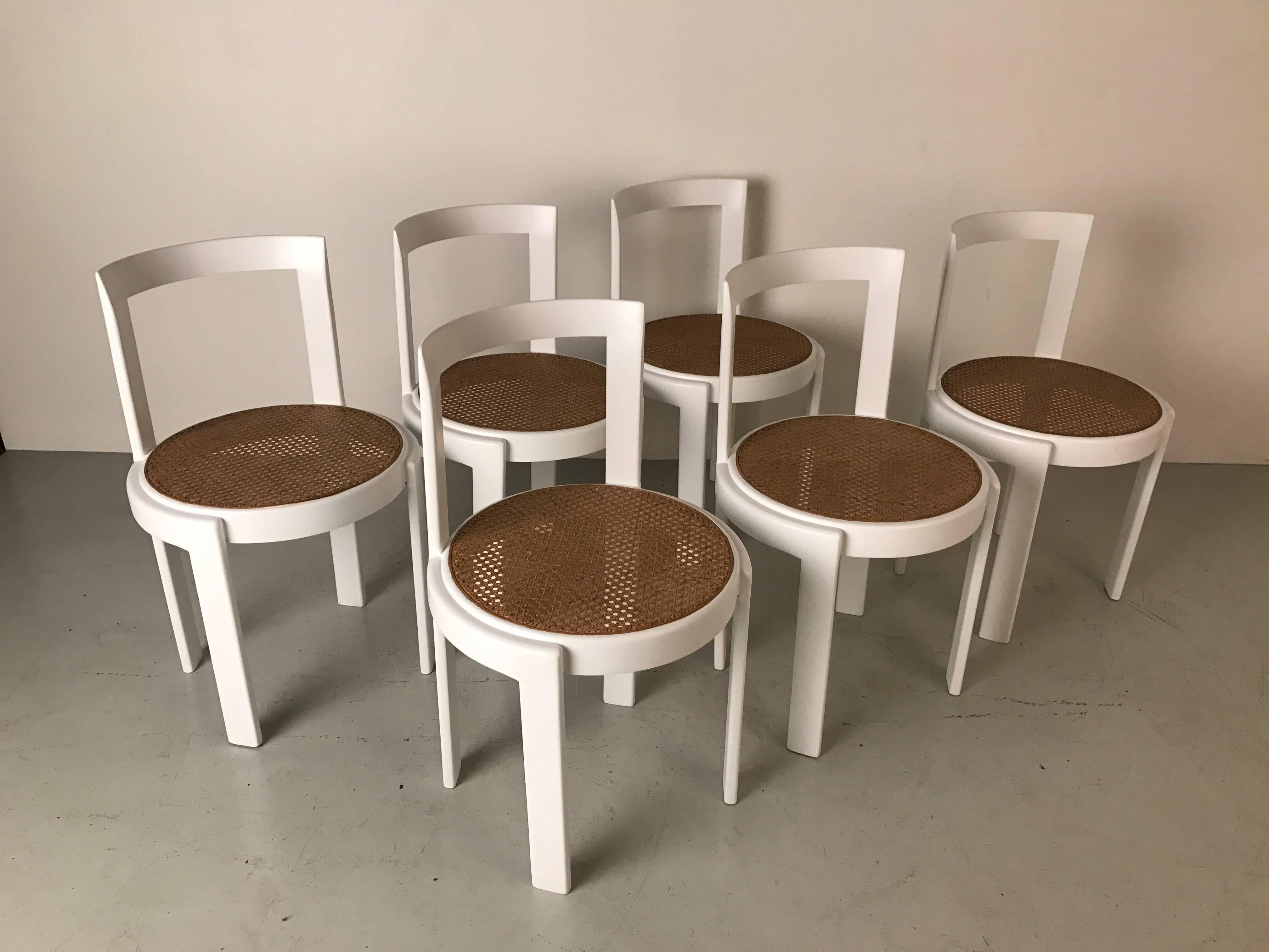 Great set of 6 Italian bentwood dining chairs - newly refinished in white with newly caned seats.  Great curves and lines. 

.