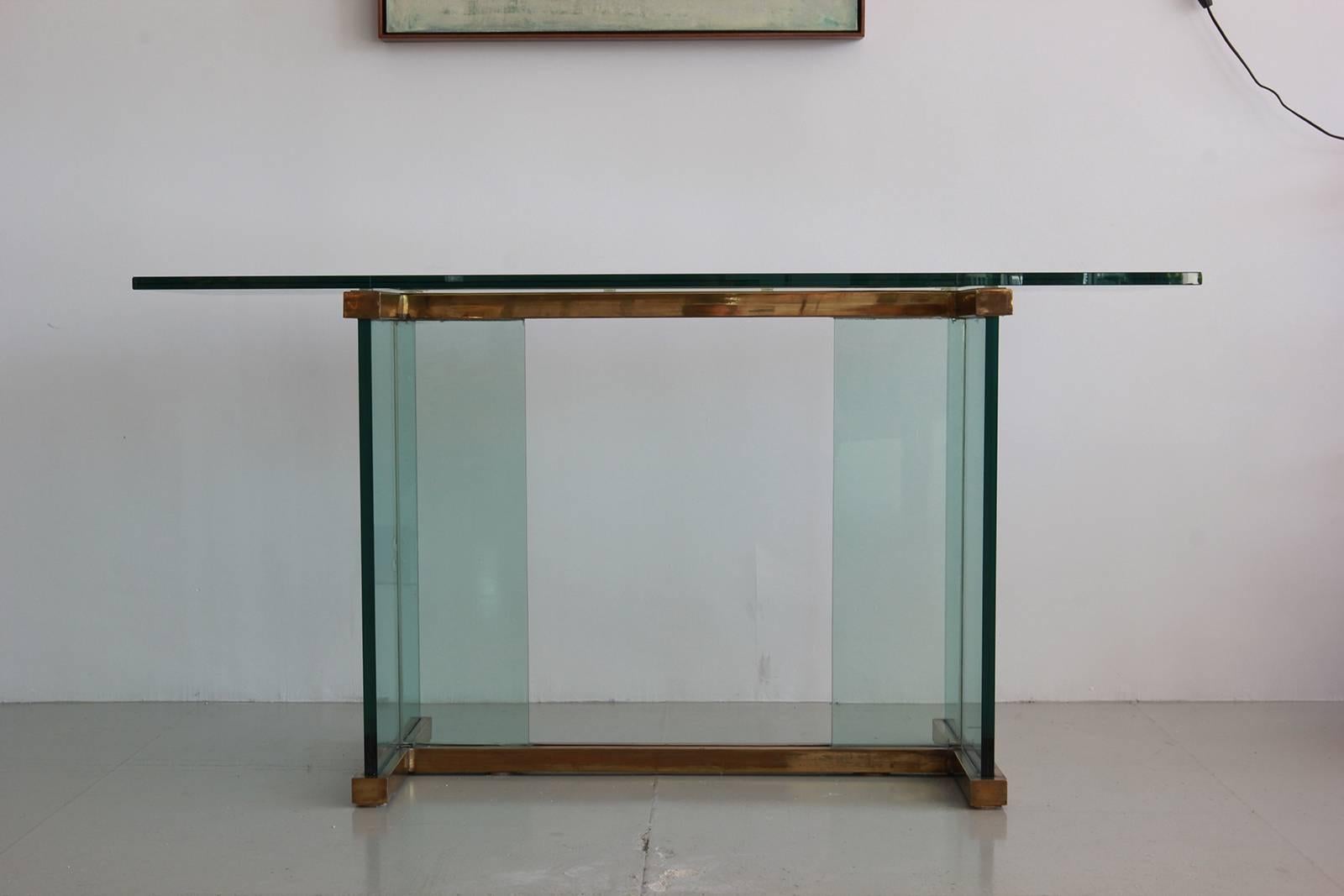 Incredible glass console by Pace Collection with solid brass base and thick glass.