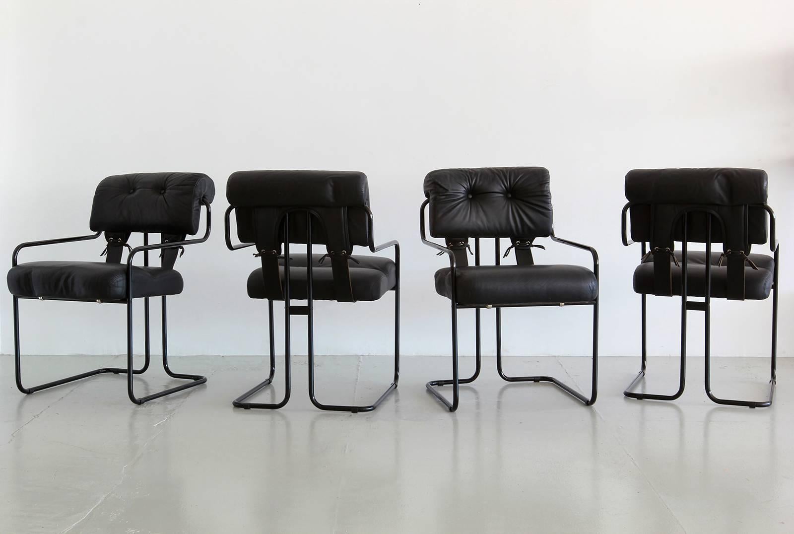 Set of four leather and black chrome Tucroma chairs for Pace collection.
Black leather upholstery, with black chrome tubular steel frames and legs.
Hand tied strap detail.
Great set!