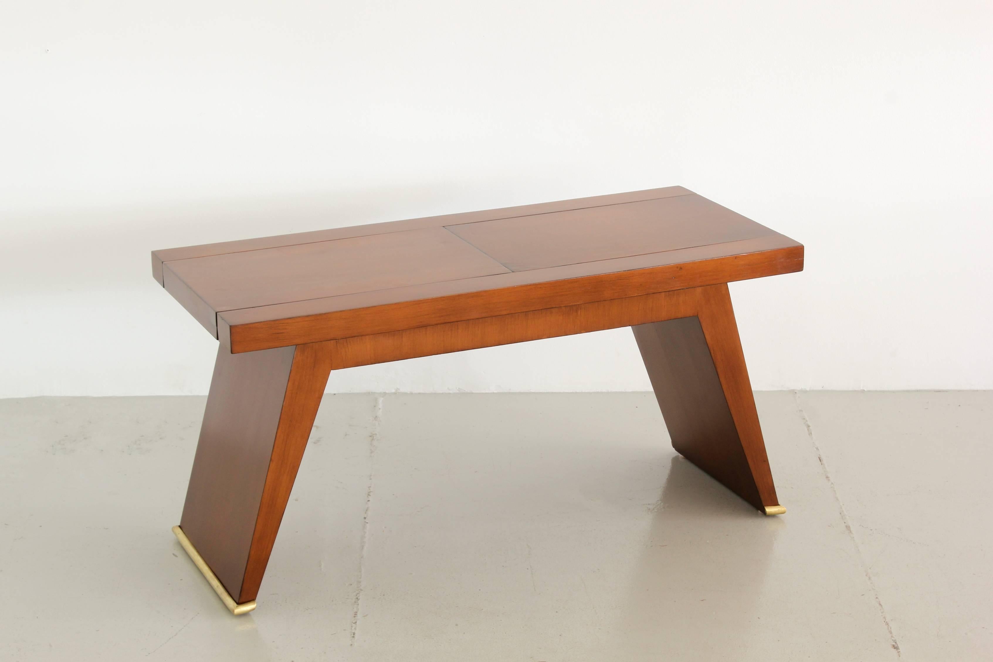 Beautiful 1940s French modernist accent table in Sycamore wood and brass accents. Unique design has a top that slides open to reveal organizational compartments.