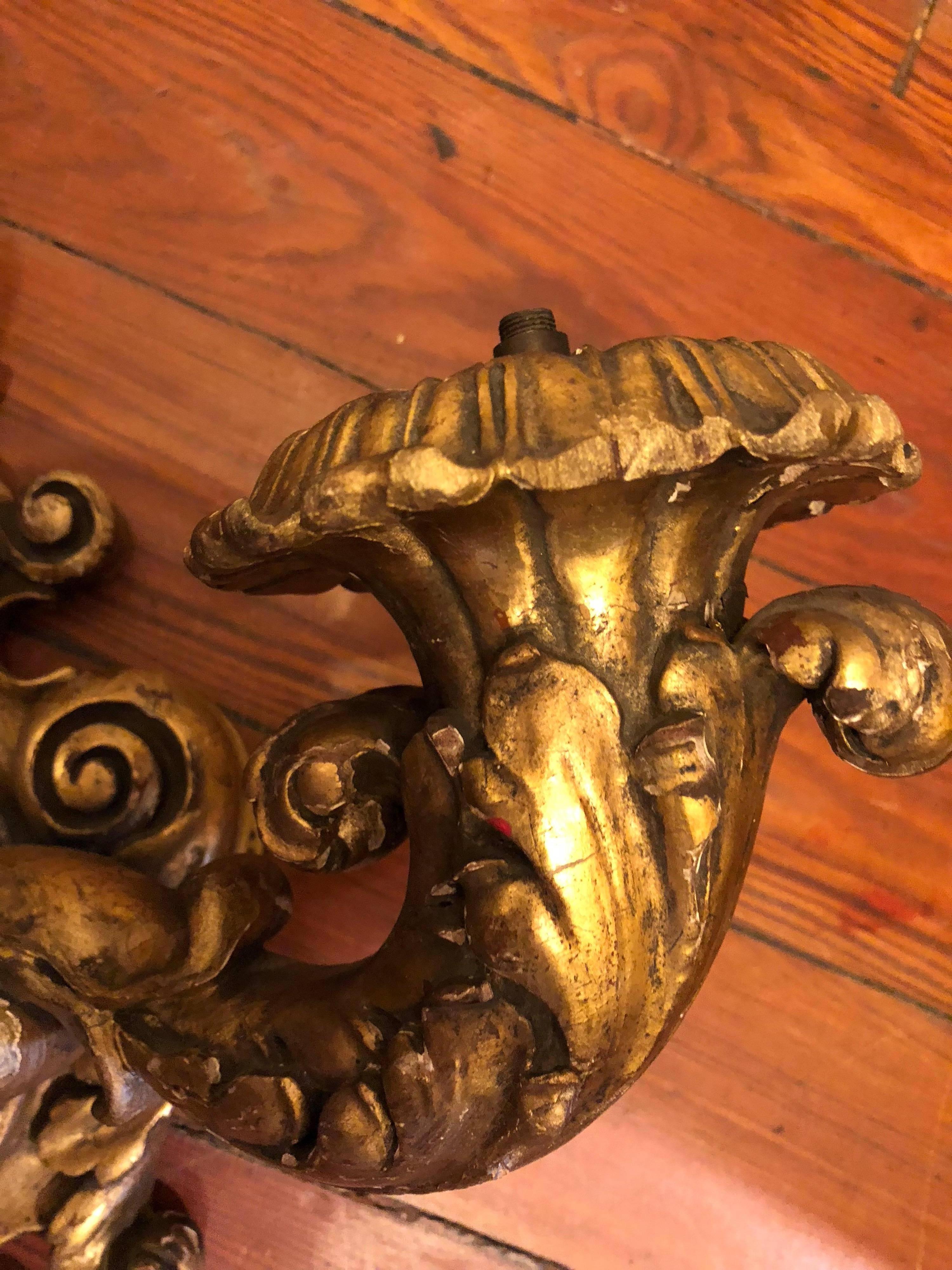 Pair of 19th Century Carved Wood Wall Sconces 4
