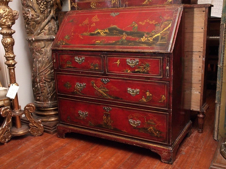 George III 18th Century English Red Chinoiserie Secretary Bookcase