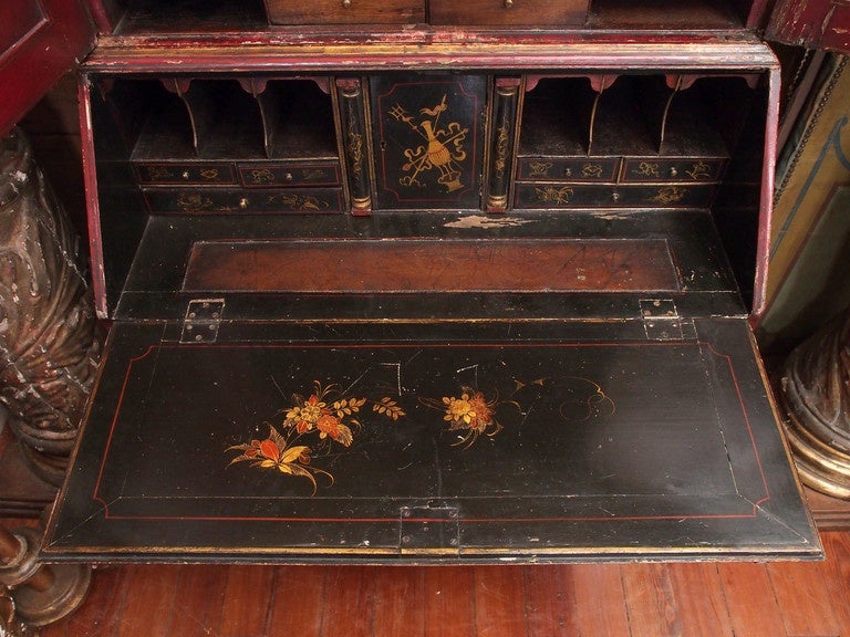 18th Century English Red Chinoiserie Secretary Bookcase 1