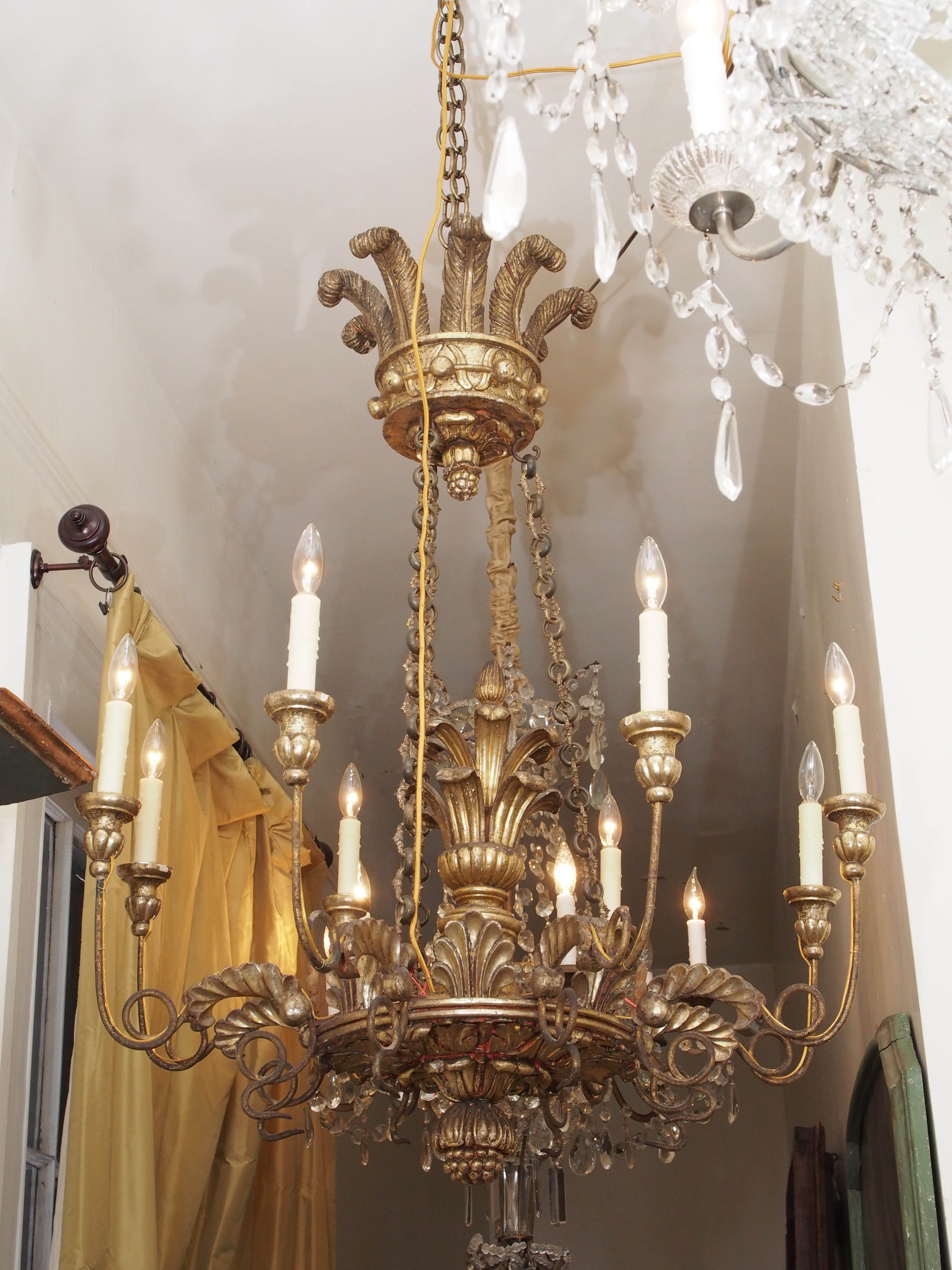Italian 19th c. Gilt Wood Chandelier with Feathered Headress
