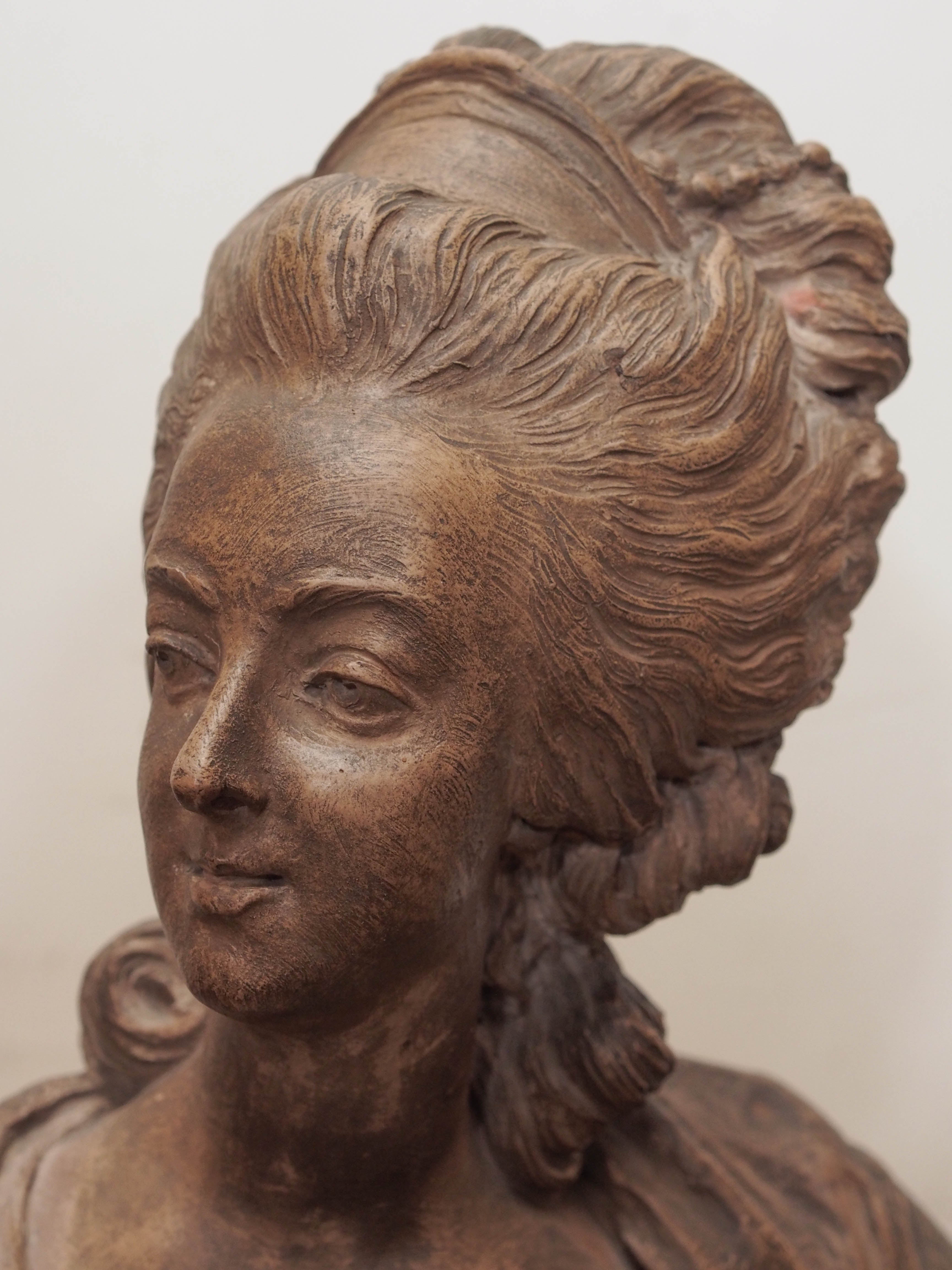 Terra cotta bust of French noble woman possibly Marie Antoinette after Houdin.