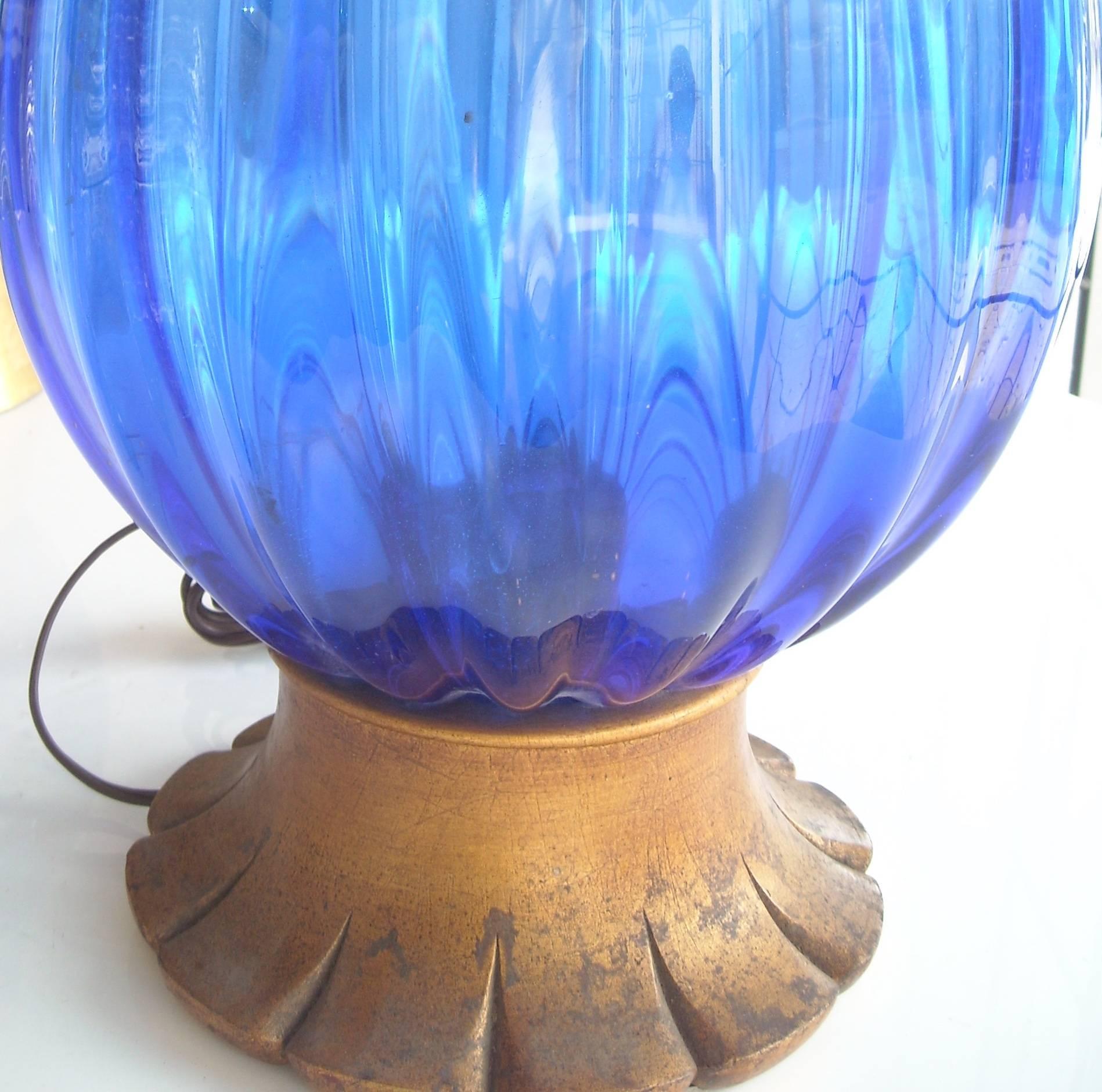 Large Blue Barovier Murano Glass Table Lamp In Excellent Condition In Los Angeles, CA