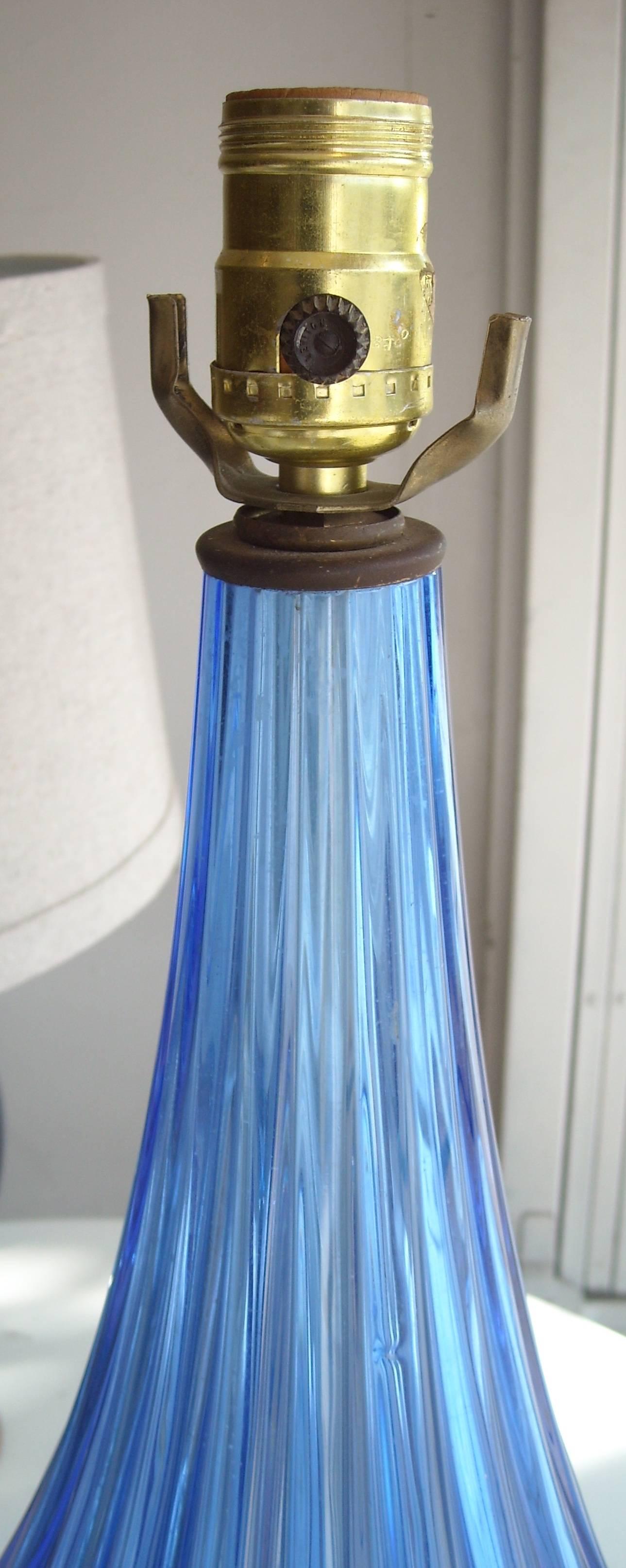 Just an amazing color and size in this blue Murano table lamp. All parts original, wire and gilded base, working.