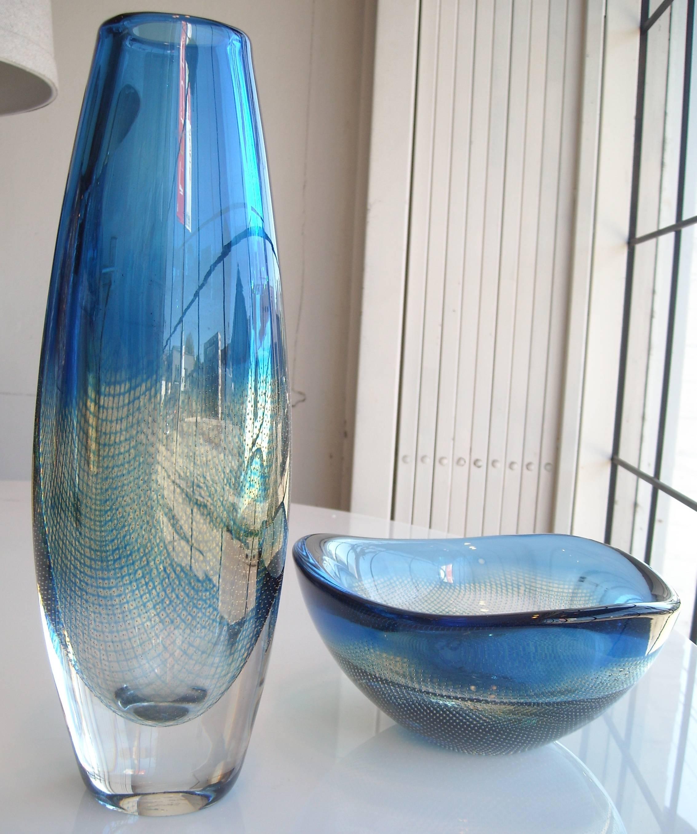 Two Orrefors Kraka , 322, 342 Glass Vase, Bowl , Sven Palmqvist, Fish Net Bubble In Excellent Condition In Los Angeles, CA
