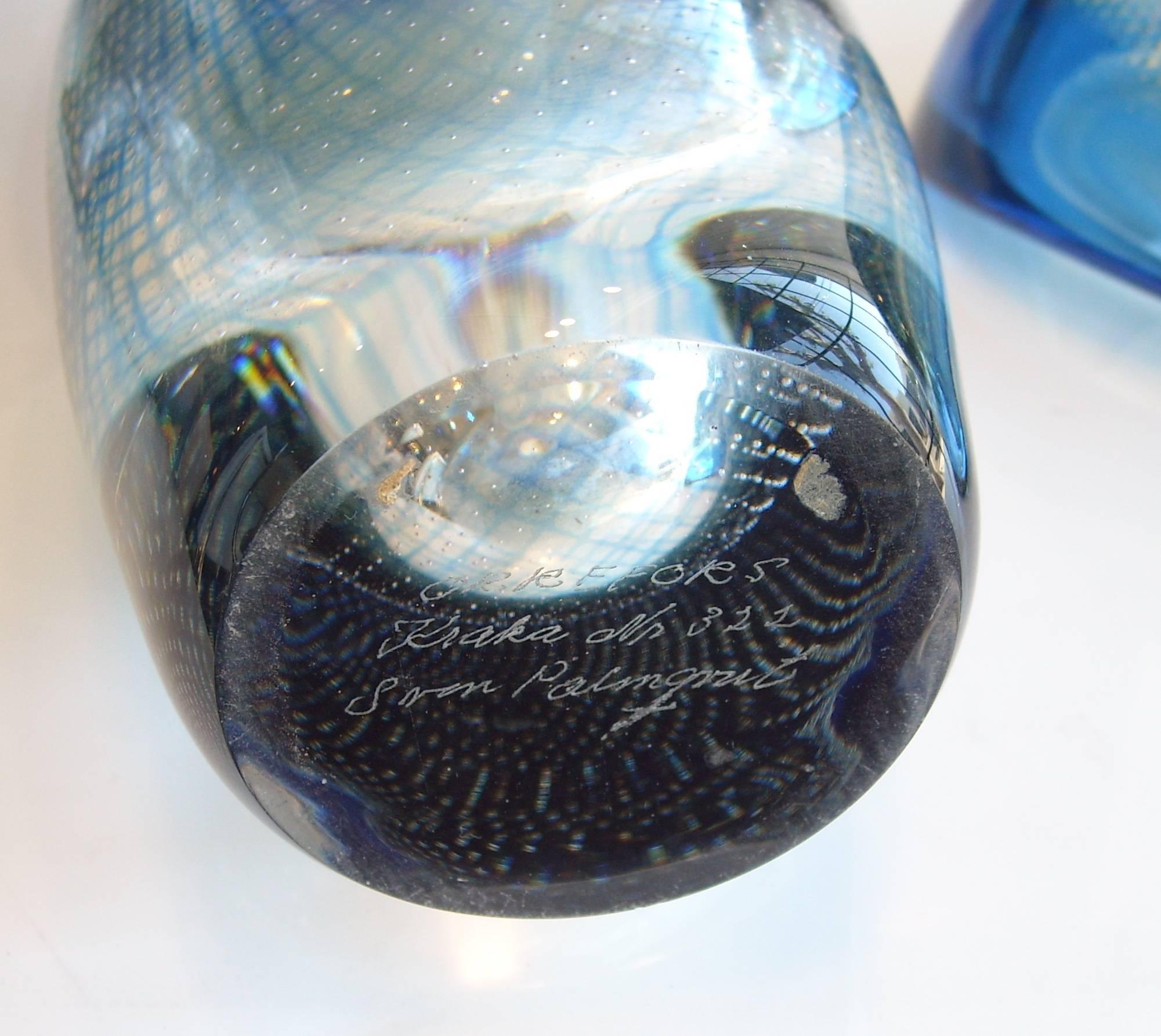 Modern Two Orrefors Kraka , 322, 342 Glass Vase, Bowl , Sven Palmqvist, Fish Net Bubble