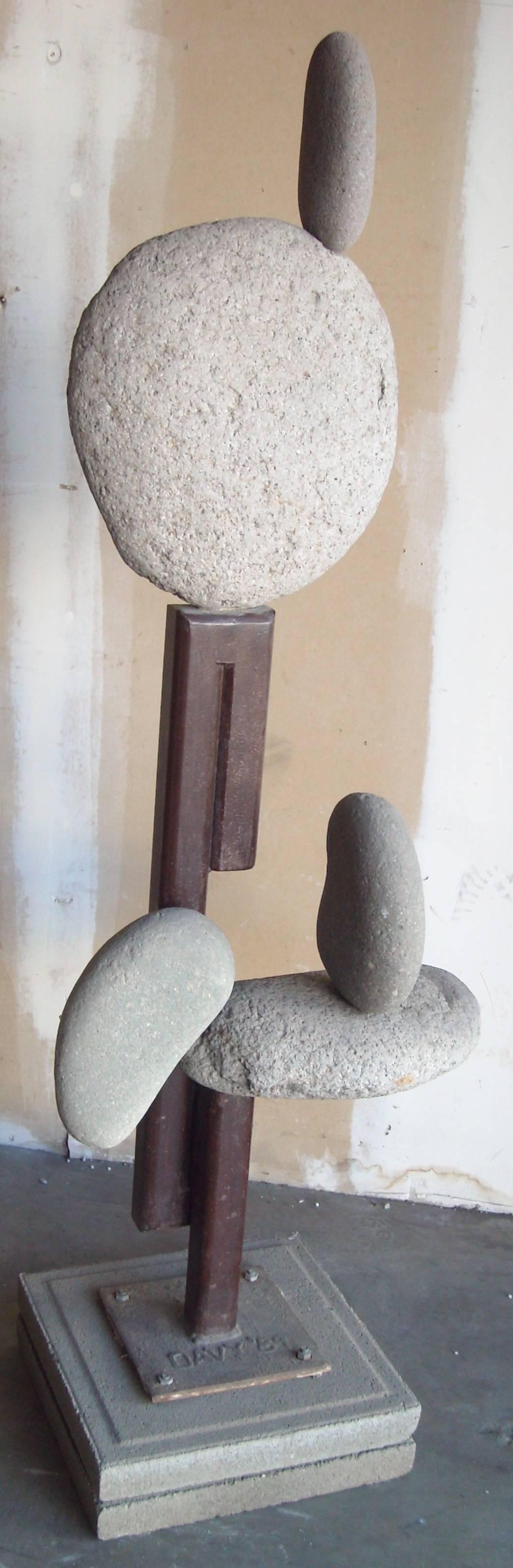 Woods Davy, Tall, Vertical, Stone, Concrete and Metal Beam Sculpture, Signed In Excellent Condition In Los Angeles, CA