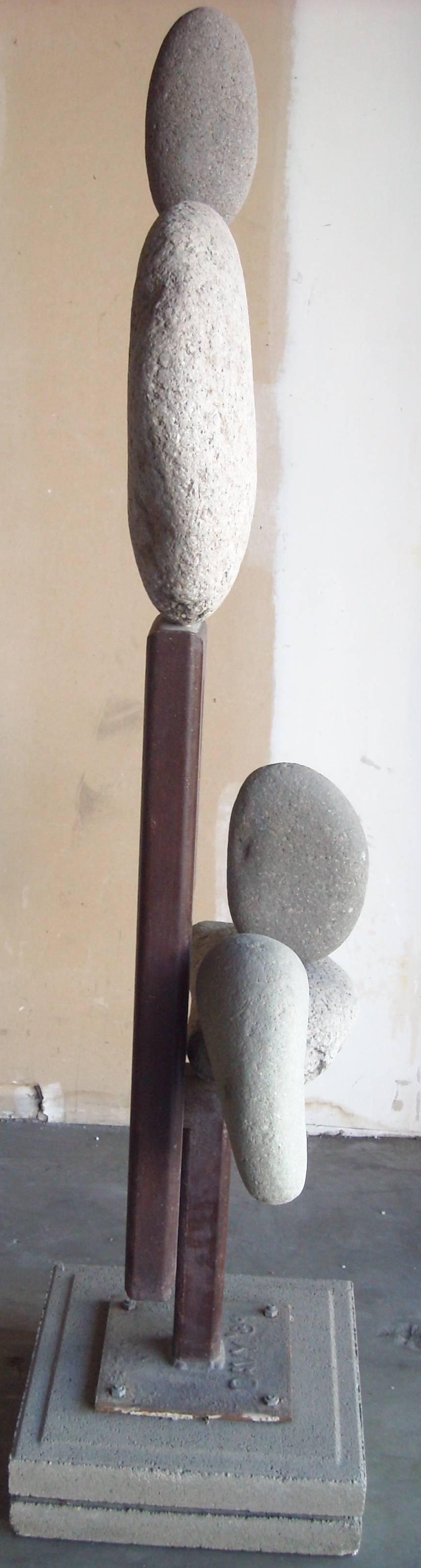 Hand-Crafted Woods Davy, Tall, Vertical, Stone, Concrete and Metal Beam Sculpture, Signed