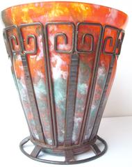 French Art Deco Glass, Iron Vase by Daum Nancy and L Majorelle