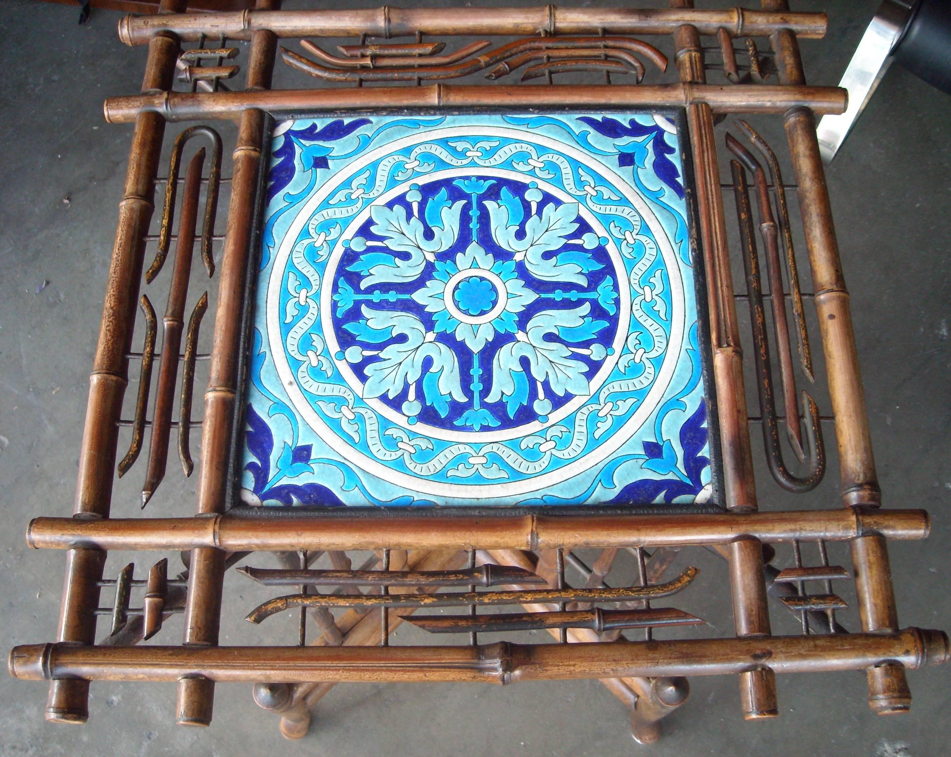 Great sample of Longwy tile and bamboo table. Art Nouveau.