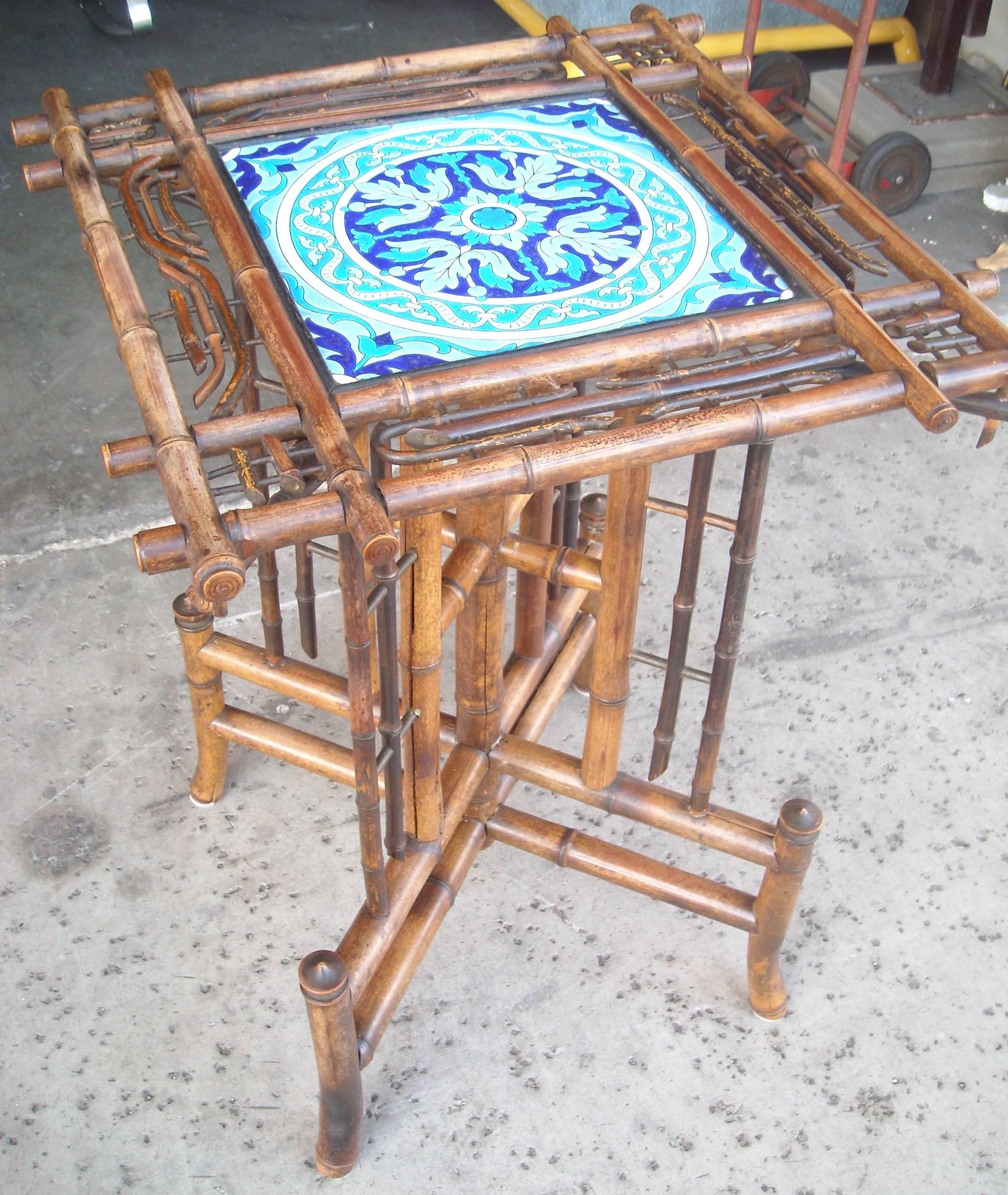Longwy Ceramic, Tile Table/Pedestal, in Bamboo, Art Nouveau Japanerie In Excellent Condition In Los Angeles, CA