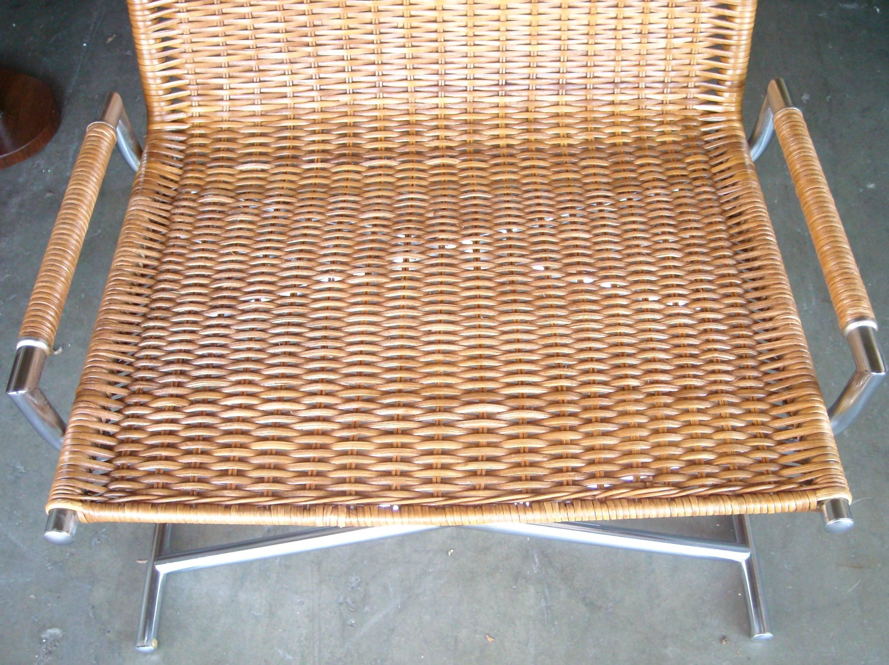 Modern Ward Bennett Sled Lounge Chair, Chrome-Plated, Wicker, Rattan