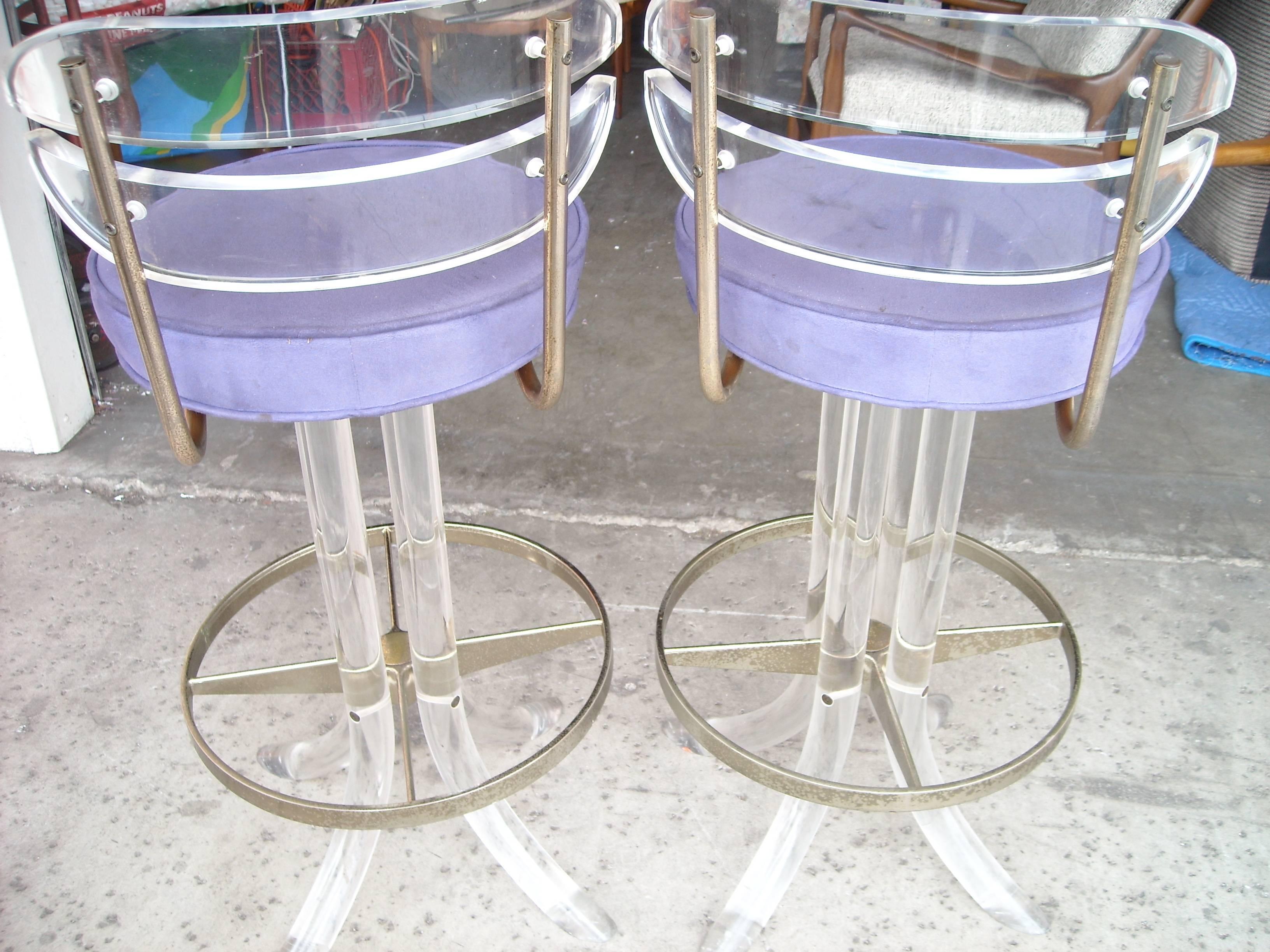 Pair of Swivel, Lucite, Metal Bar Stools Attributed to Charles Hollis Jones In Good Condition In Los Angeles, CA