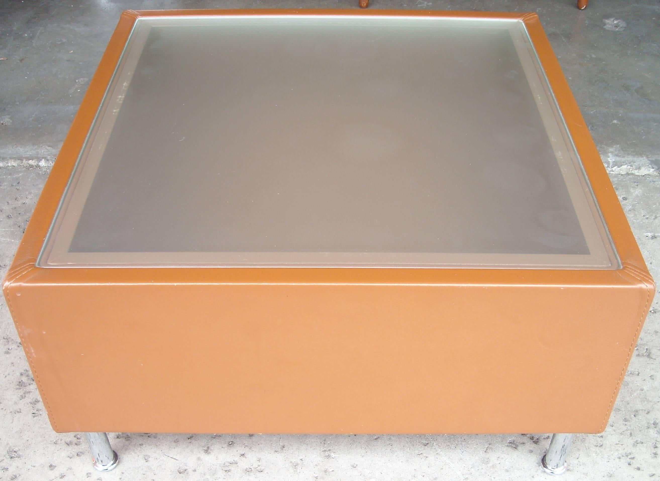 Modern Mascheroni Side or Coffee Cocktail Table, Frosted Glass Top, Leather and Chrome