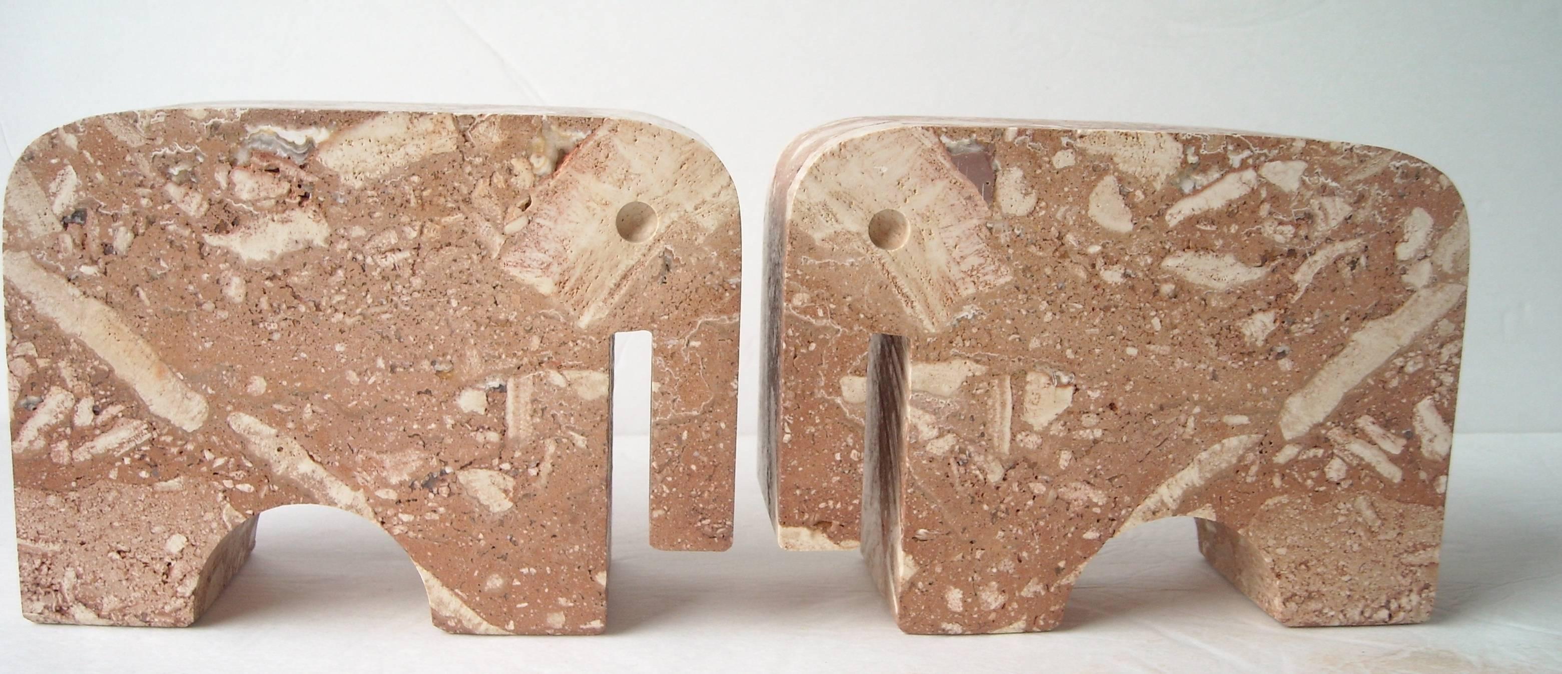 Travertine Elephant Bookends by Flli Mannelli for Raymor, Label In Excellent Condition In Los Angeles, CA
