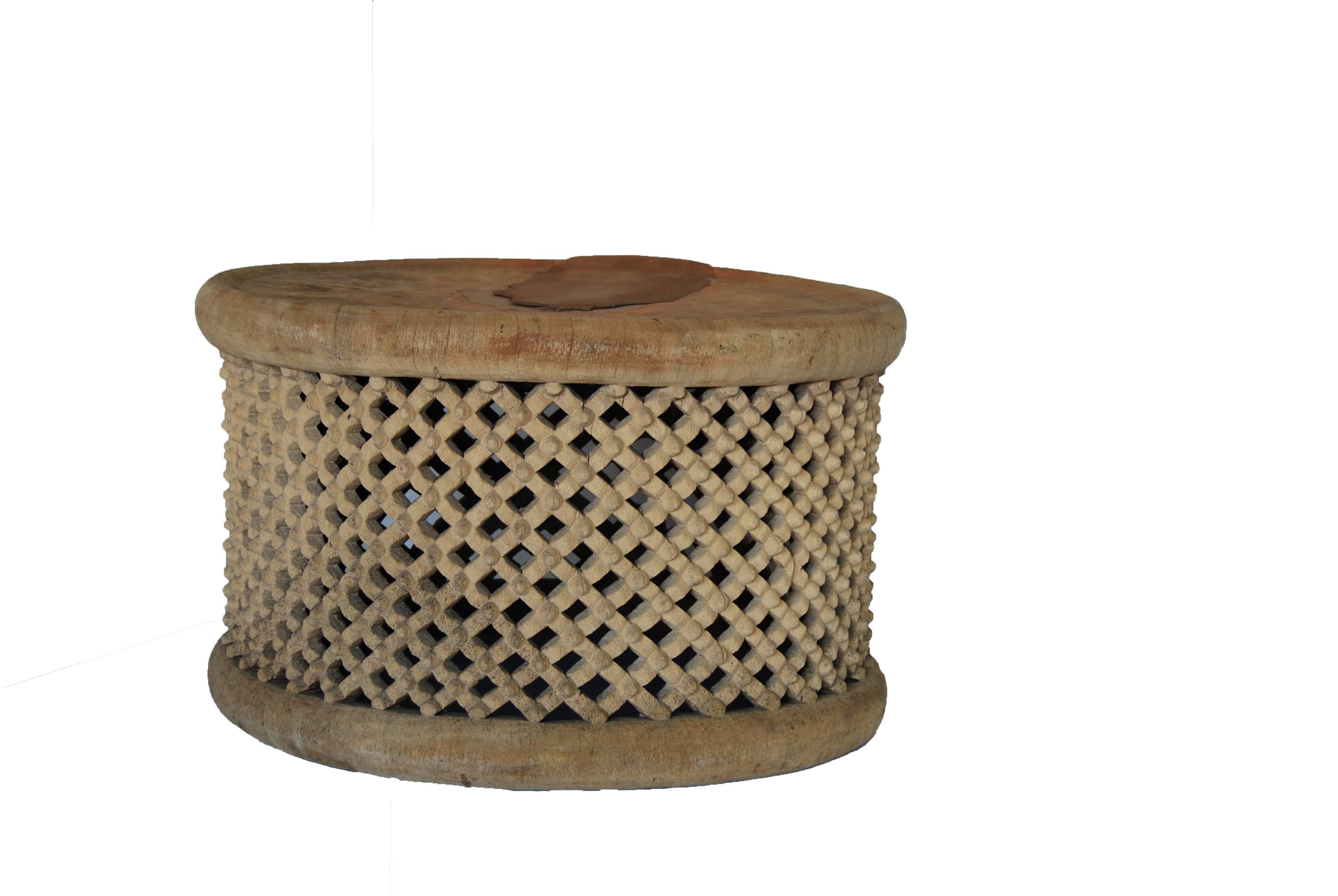 Hand-carved wood Cameroon / Bamileke stool or side table from Africa. Unique sandblasted finish.