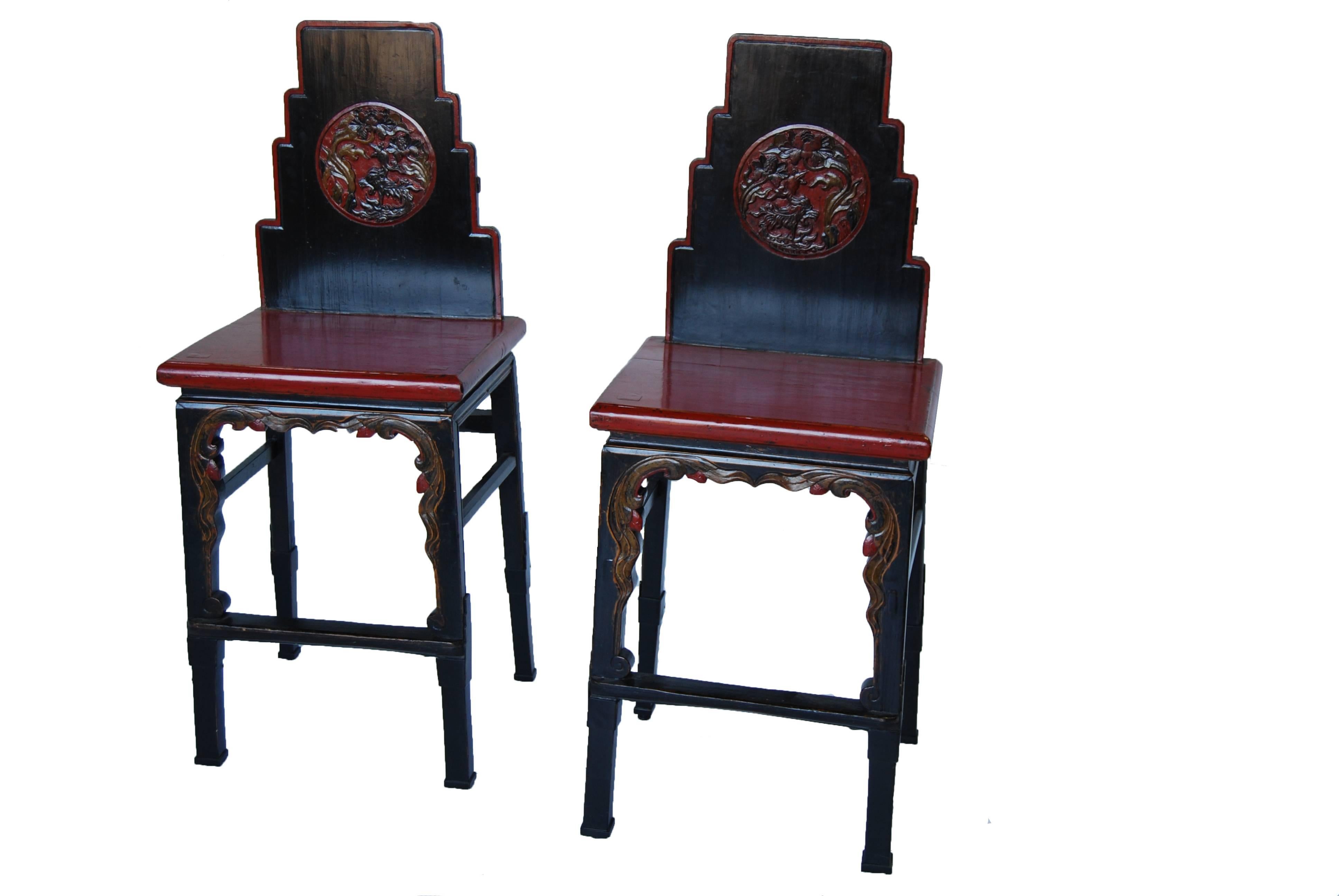 Asian Set of Three Antique Cinnabar Chairs For Sale