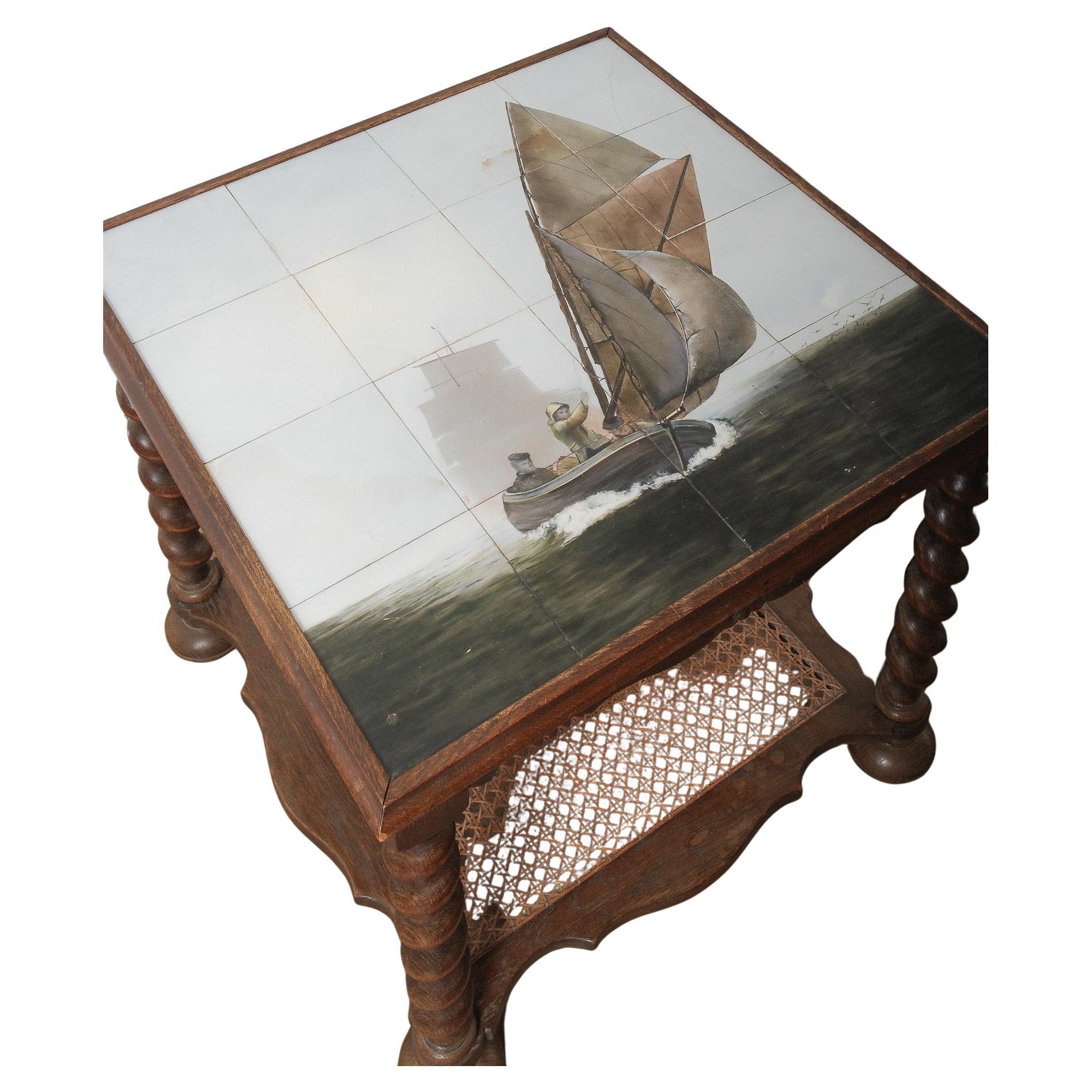 Table d'appoint en chêne ancien à plateau carrelé avec scène nautique et pieds torsadés en orge en vente