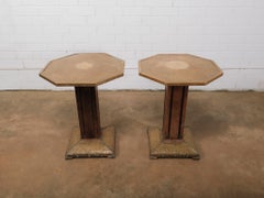 Antique Industrial Art Deco Influenced Pair of Wood Copper Hexagonal Side Tables