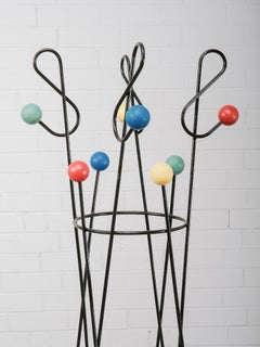French Atomic-Style Mid Century Metal Coat Rack With Colorful Wood Knobs
