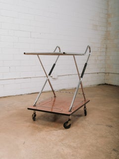 French Mid Century Modern 2-tier Wood Metal and Chrome Bar Cart With Casters