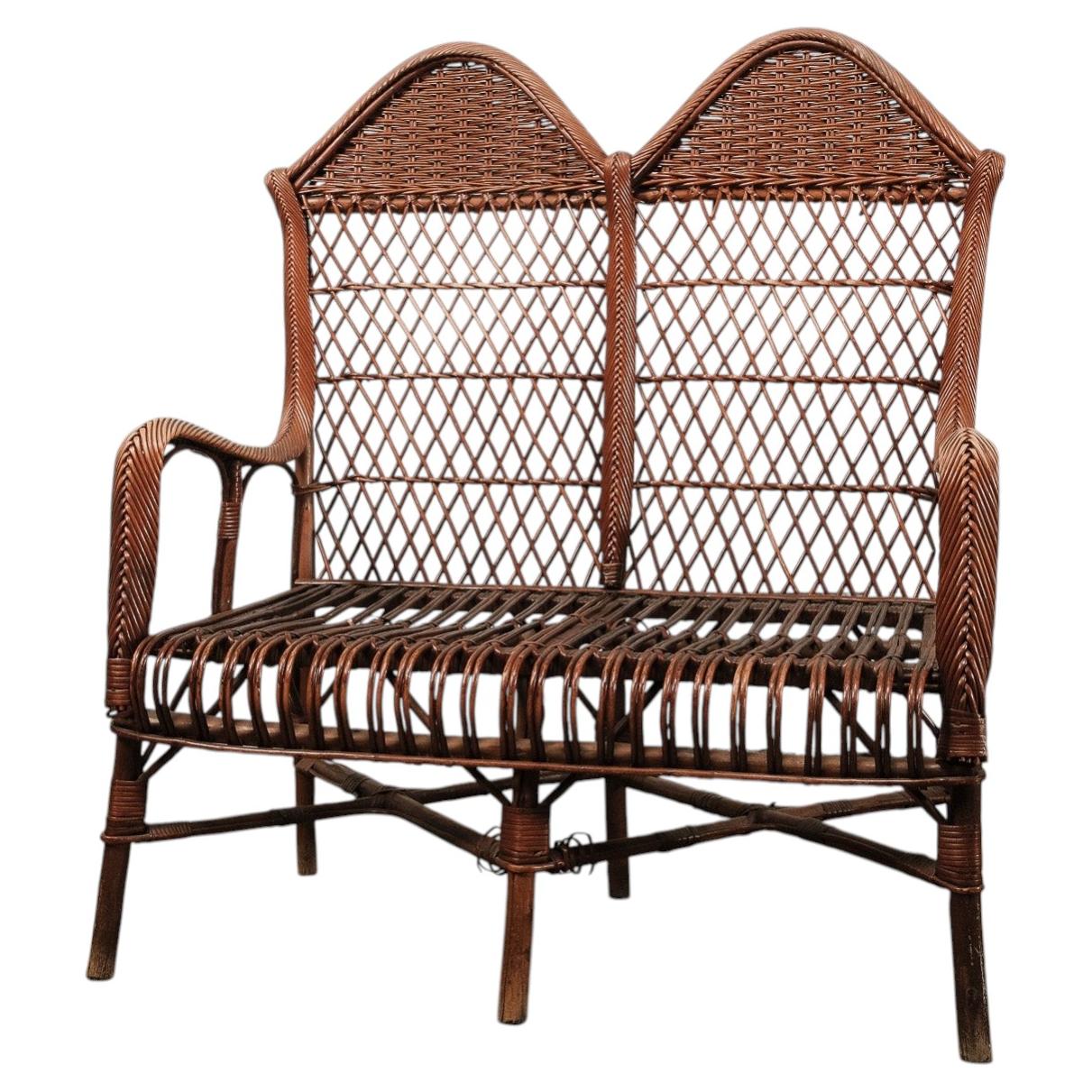 Antique French Wicker Rattan Bohemian Double Peacock Settee Loveseat Bench
