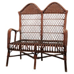 Antique French Wicker Rattan Bohemian Double Peacock Settee Loveseat Bench