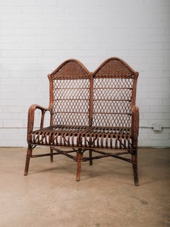 Antique French Wicker Rattan Bohemian Double Peacock Settee Loveseat Bench
