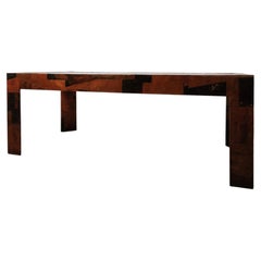 Antique European Brutalist Glass Top Geometric Dining Table with Metal Details