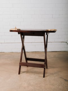 Antique French Folding Tray Table with Brass Cow Handles Removable Serving Tray