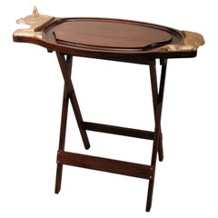 Antique French Folding Tray Table with Brass Cow Handles Removable Serving Tray