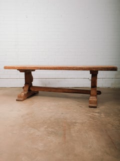 Antique Late 19th Century Gothic Revival English Oak Trestle Dining Table