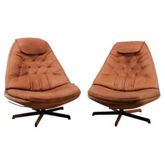 1970s Madsen & Schubell Model MS-65 Scandinavian Leather Swivel And Tilt Chairs