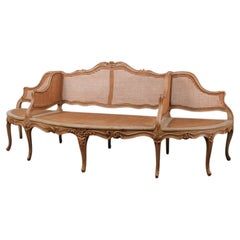 Antique French Rococo Louis XV–style Carved Cane Salon Suite Bench Settee