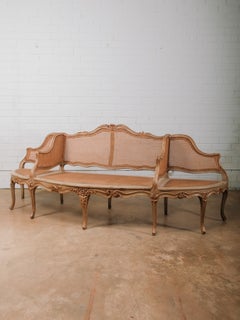 Antique French Rococo Louis XV–style Carved Cane Salon Suite Bench Settee