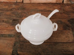 Antique Belgian White Ironstone Earthenware Footed Soup Tureen with Lid & Ladle