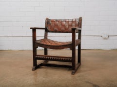Spanish Colonial Revival Style Woven Leather Armchair With Brass Nailhead