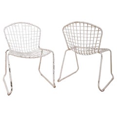 Vintage White Metal Wire Patio Garden Chairs Mid-Century Sled Base-Pair