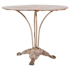 Antique French Cast Iron Lion Paw Pedestal Garden Table With Metal Top