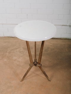 Vintage French Industrial Tripod Metal Pedestal Side table with Enamel Top