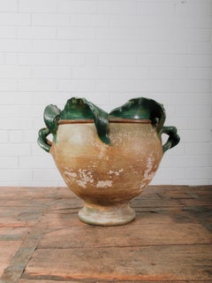Antique Italian Rustic Terracotta Urn Garden Planter With Green Glazed Leaves
