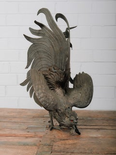 Antique Japanese Style Cast Metal Fighting Rooster Sculptures W/Jeweled Eyes
