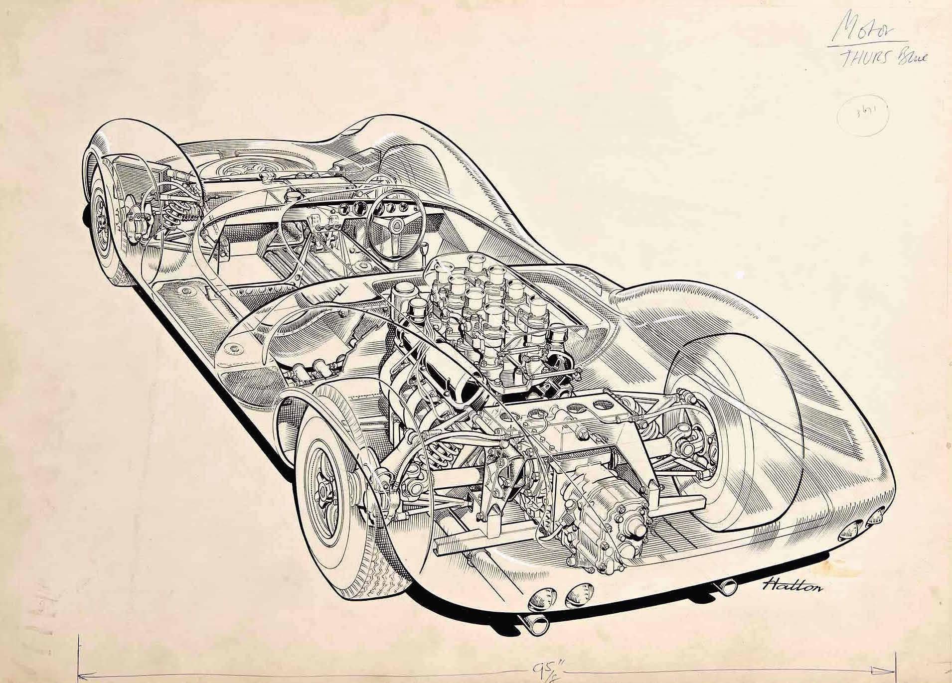 Brian Hatton's painstaking cutaway drawings won him acclaim as one of Britain's great technical artists. This meticulously detailed pen and ink drawing (on illustration board) of the beautiful but ill-fated Lotus 30 sports racing car is the original
