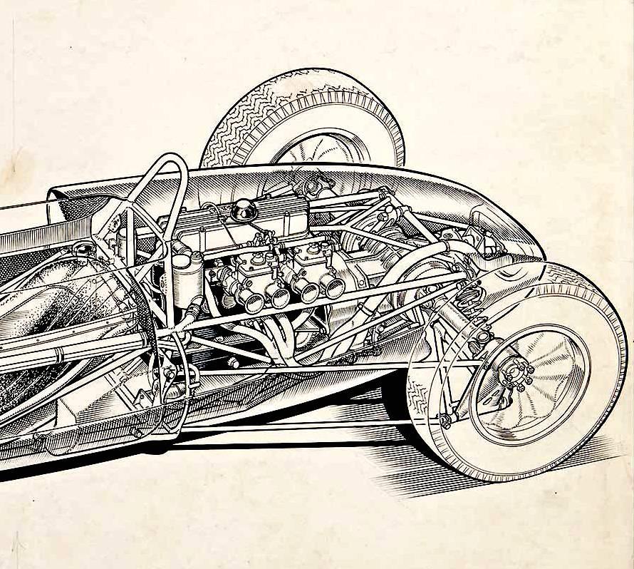 Anglais Drawing original «utaway » de la voiture de course Lotus 20 de Brian Hatton